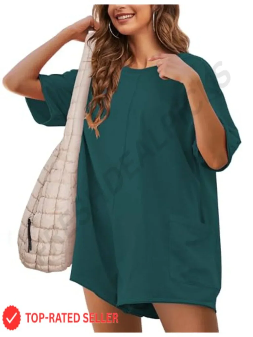 Womens Summer Romper Oversized Short Sleeve Jumpsuit Cotton Spandex V-Back